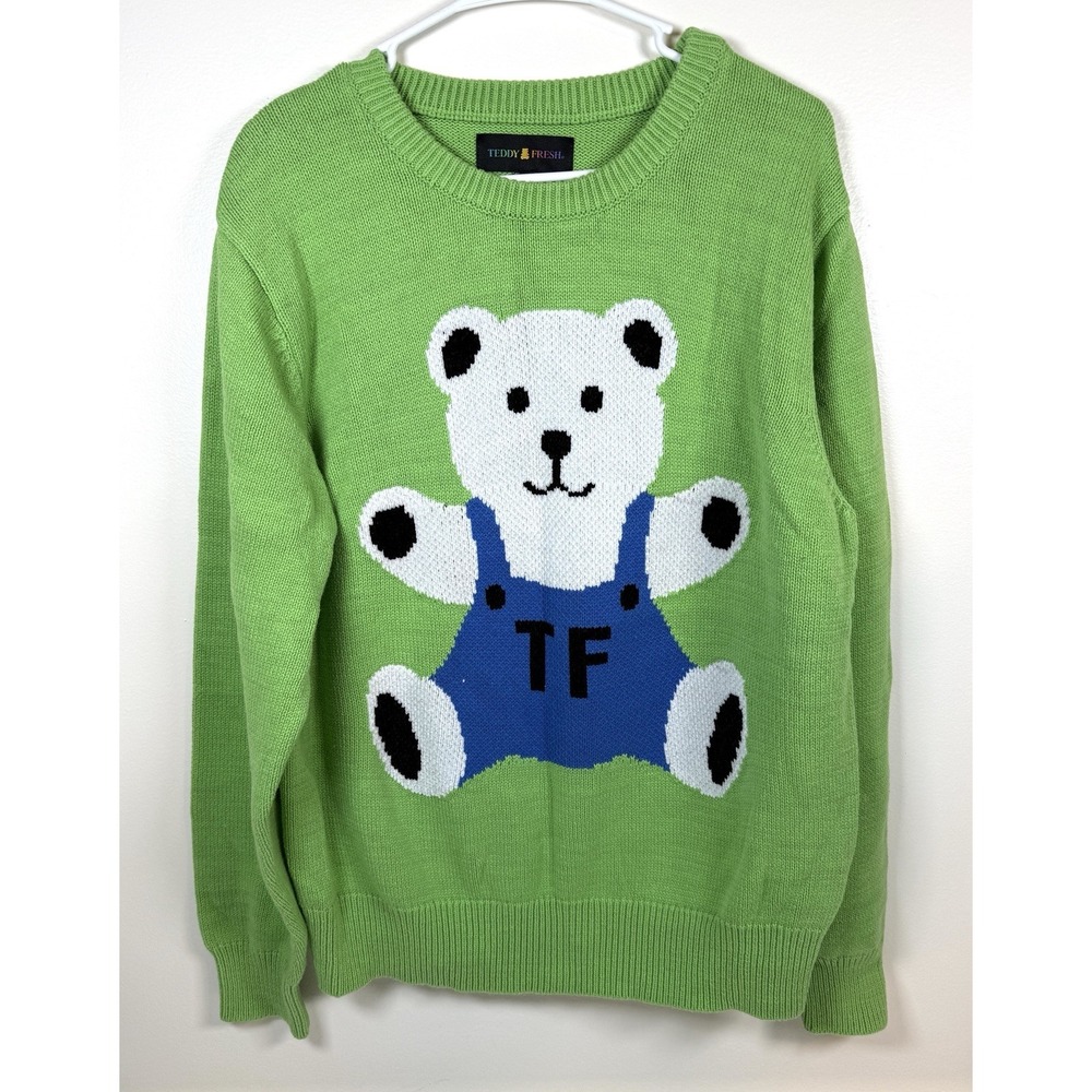 Teddy Fresh Knit Sweater Women's Large Crew Neck Bear Green Pullover